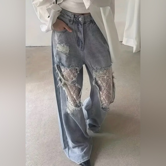 Distressed Lace Insert Gray Jeans - Picture 1 of 7